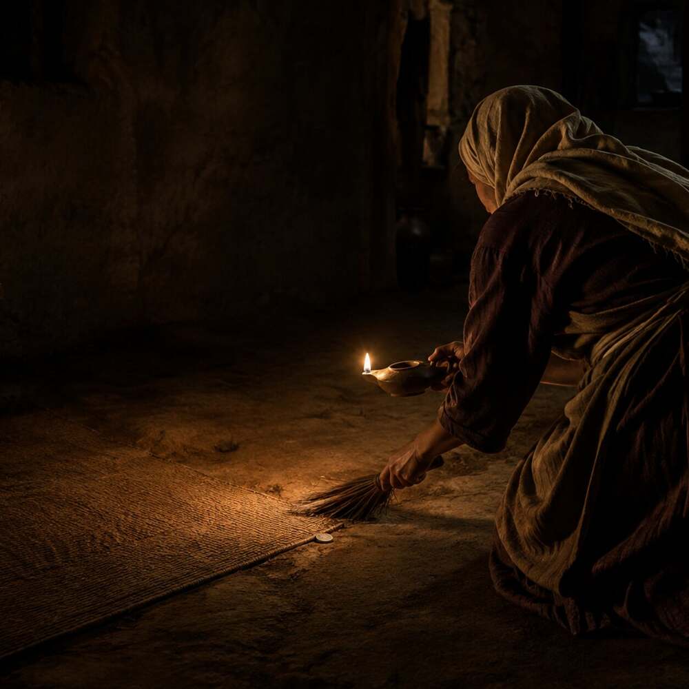 Mulher procurando diligentemente uma dracma perdida dentro de casa