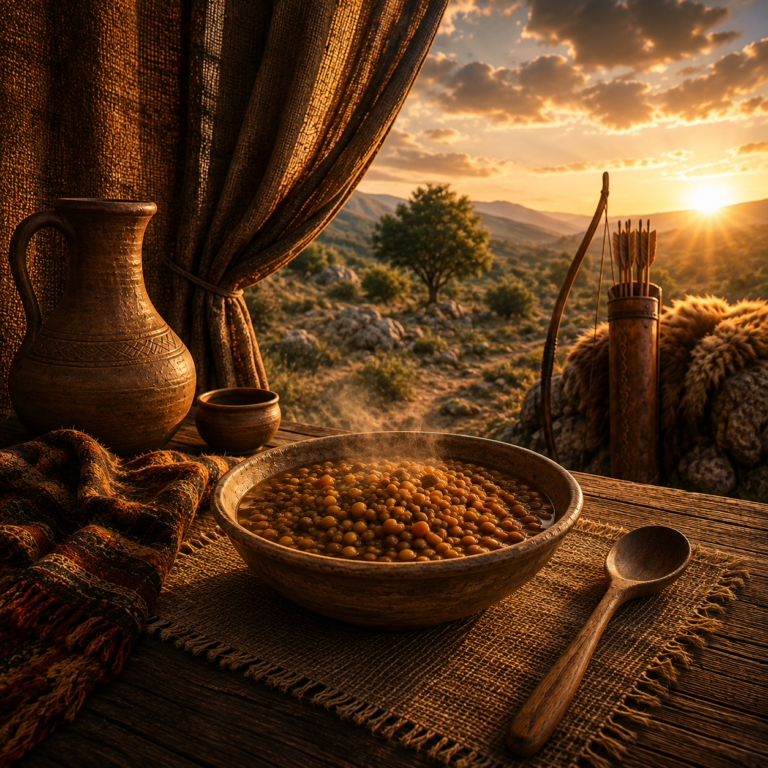 Prato de lentilhas em ambiente bíblico ao pôr do sol, arte-matriz do sermão O Preço do Prato