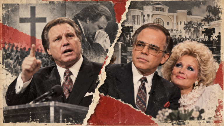 Colagem editorial com Jimmy Swaggart, Jim Bakker e Tammy Faye Bakker, representando a história dos televangelistas nos anos 1980.