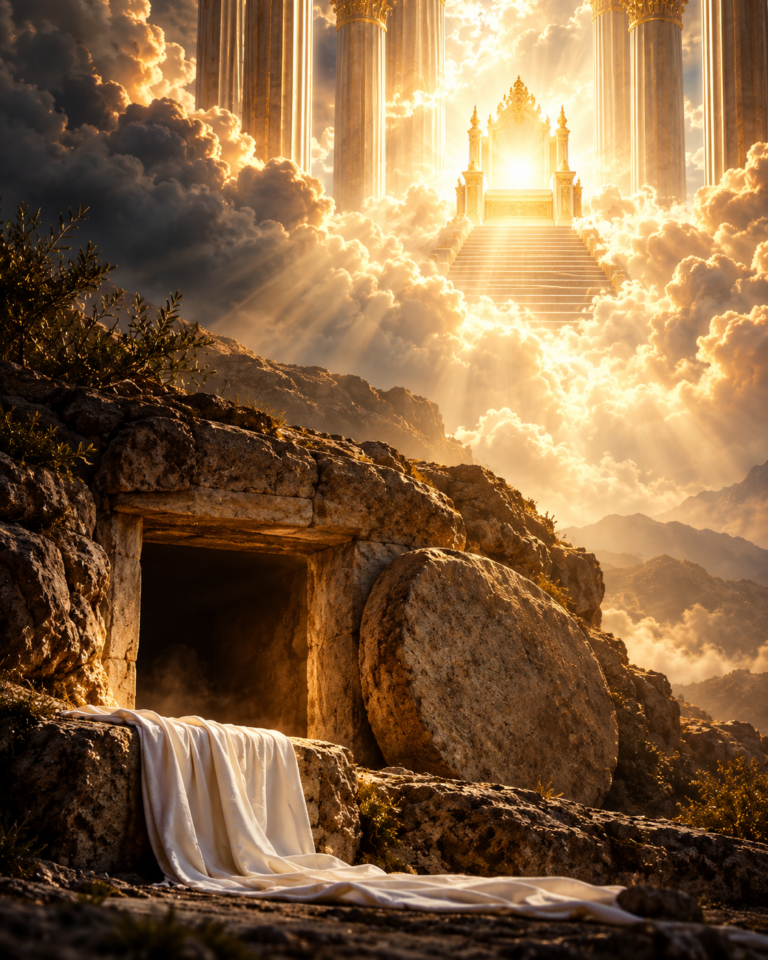 Sepulcro vazio em primeiro plano e trono celestial iluminado ao fundo, imagem do sermão O que está vazio é o sepulcro, não o trono